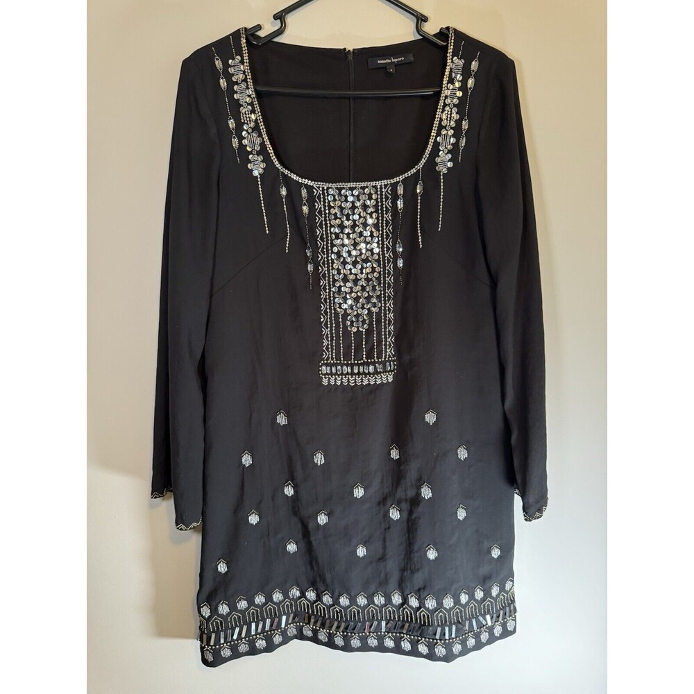 Nanette Lenore Black Knee Length Sequins Dress Long Sleeves Boat Neck Sz 6